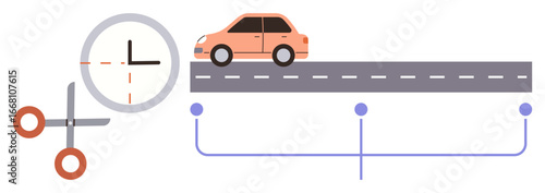 Car on a road conveying progress, clock symbolizing time management, scissors depicting decision-making or adjustments. Ideal for productivity, logistics, scheduling, planning, workflow, innovation