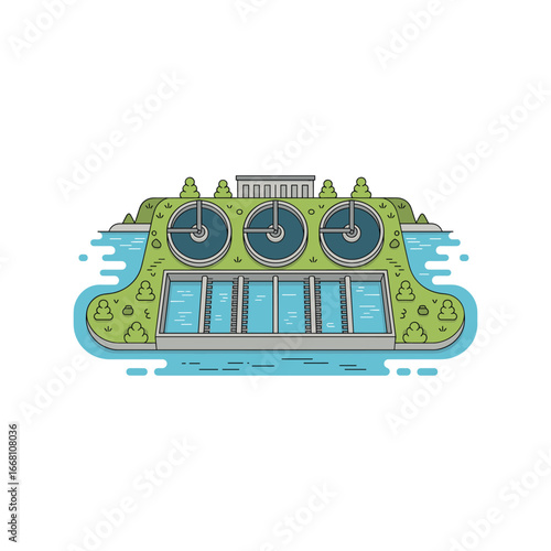 Colorful abstract representation of a futuristic cityscape with water and greenery element