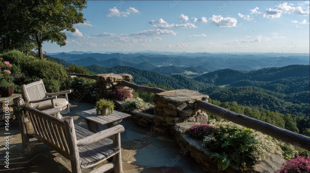 Naklejka premium Tranquil Scenic Overlook with Mountain View and Comfortable Seating for Relaxation in Nature