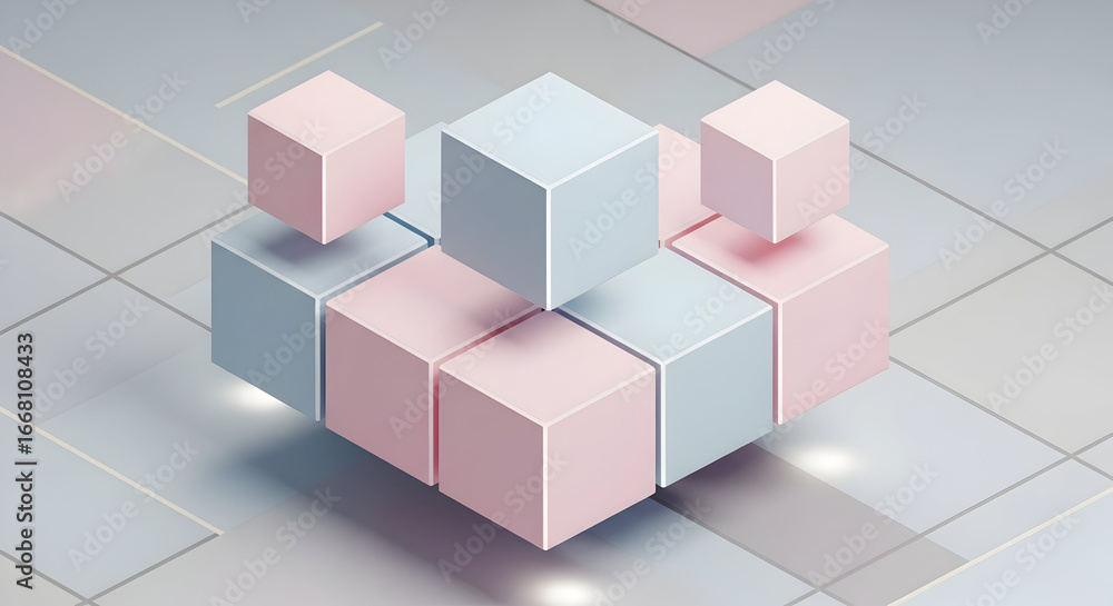 Fototapeta premium Abstract 3D rendering of pastel pink and blue cubes in a minimalist composition.
