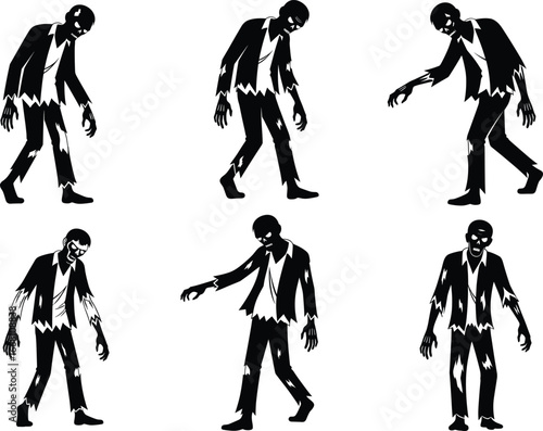 Zombie silhouettes in various poses with tattered clothes, horror theme, Halloween vector illustration for spooky, undead, scary design content.