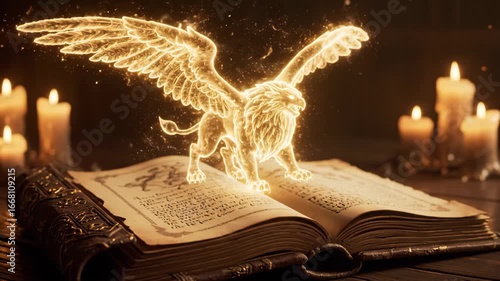ancient book with glowing magical particles forming a griffin on wooden table