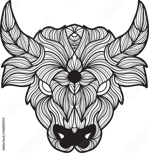 Artistic monochrome depiction of a bull's head, intricately designed with flowing linear patterns.