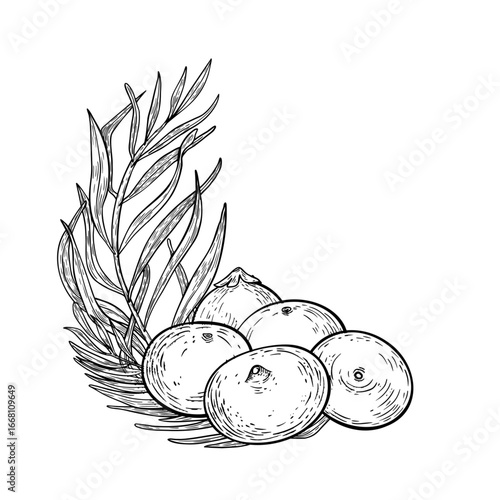 Acai berries and palm fronds in monochrome ink illustration isolated on white. Tropical fruits black white drawing for juice branding, vegan product packaging. Superfood and leaves outline.