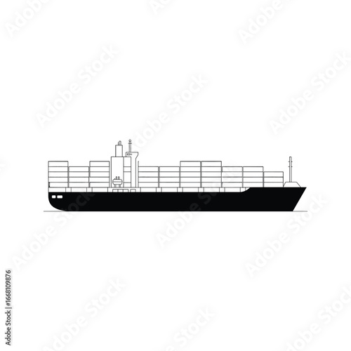 Silhouette of a cargo ship with containers on deck moving through the water