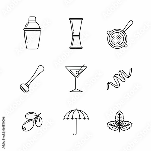 Set of Cocktail Icons Featuring Shaker, Glass, Garnish, Strainer, and Mint Leaves