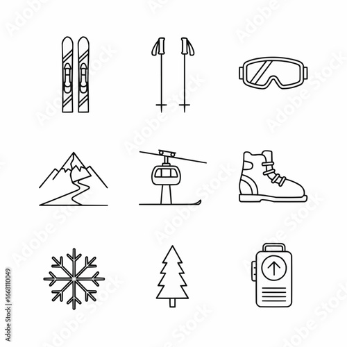 Set of Skiing and Winter Line Icons Featuring Equipment and Nature Elements
