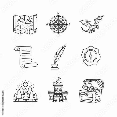 Adventure Icons Featuring Maps, Castles, Dragons, and Treasure