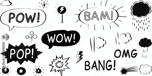Comic Speech Bubbles and Cartoon Elements with Sound Effects in Black and White