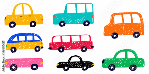 Childlike Drawing of Colorful Cars and Buses on a White Background