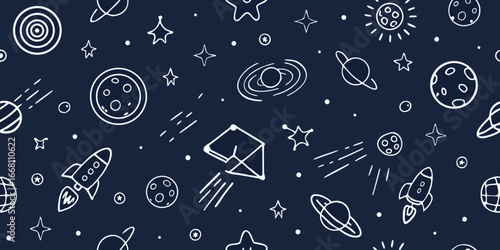 Seamless Space Pattern with Planets Rockets Stars and Constellations