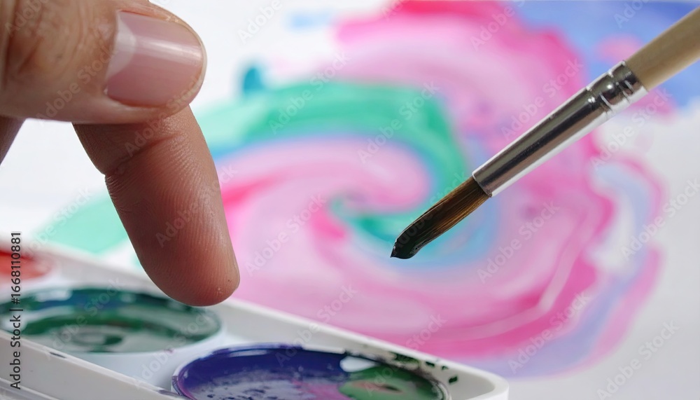 Naklejka premium Close Up of Hand Dipping Paintbrush into Watercolor Palette