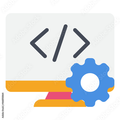 Icon of code brackets with gear, ideal for software development, IT tools, or tech marketing.