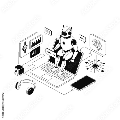 Futuristic robot controls laptop with ai technology for digital business and data analysis