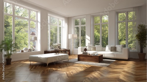 Modern, bright living room with large windows