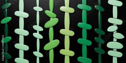 Seamless pattern of green pushpins, office paper pins, and green balls on a white background with a thumbtack symbol design