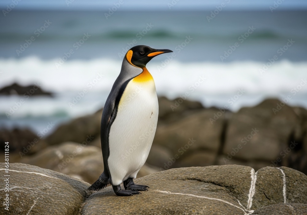 Naklejka premium Majestic King Penguin Standing Tall on Rocky Coastline, gazing towards ocean