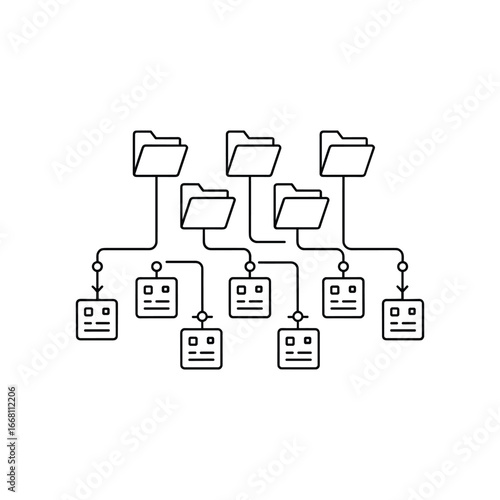 Digital organization network flowchart diagram representing data management and file structure hierarchy