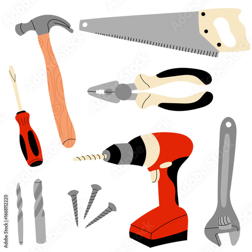 Set of construction and repair tools. Flat vector illustration featuring hammer, saw, drill, pliers, wrench, screwdriver, tape measure, and more. Perfect for DIY projects, hardware store designs