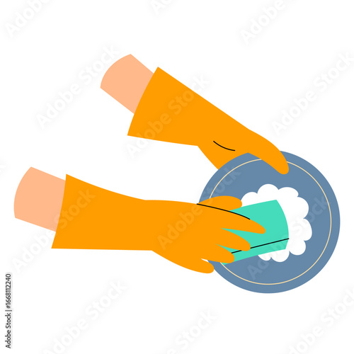 Illustration of two hands washing a  plate with soap and sponge. Domestic scene symbolizing cleanliness and home care.