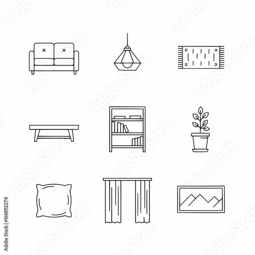 set of line icons depicting modern furniture and decor elements, including a sofa, lamp, bookshelf, and more