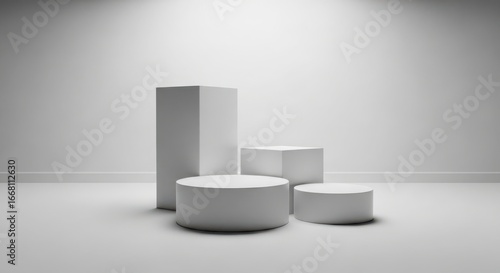 3d illustration of four white geometric pedestals of varying heights and shapes arranged on a clean, light grey floor