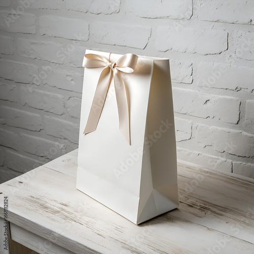 Elegant white gift bag with satin ribbon bow mockup