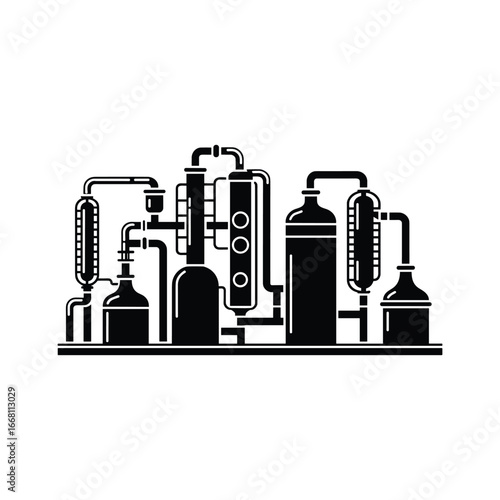 Industrial chemical plant distillery equipment icon symbol for process and manufacturing
