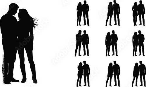 Silhouette couple standing together, romantic love scene, man and woman in affectionate poses, perfect for relationship 
