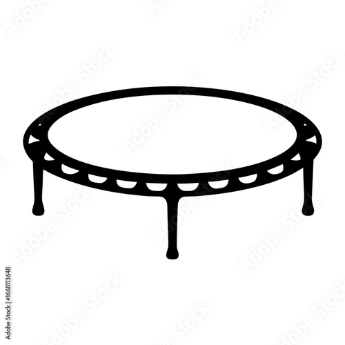 Black and white illustration of a simple trampoline design with legs