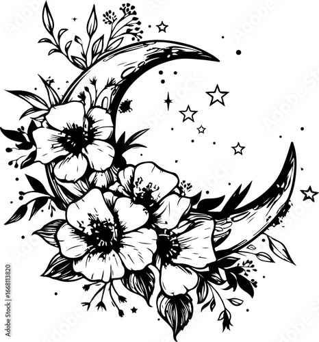 Floral crescent moon silhouette vector isolated on a white background