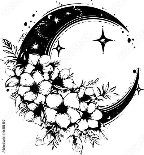 Floral crescent moon silhouette vector isolated on a white background
