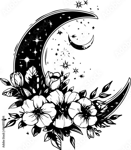 Floral crescent moon silhouette vector isolated on a white background