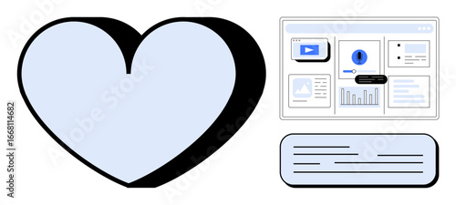 Blue heart alongside a digital dashboard with graphs, videos, and charts, paired with a text input box. Ideal for analytics, social media, engagement, feedback, communication connection simple flat