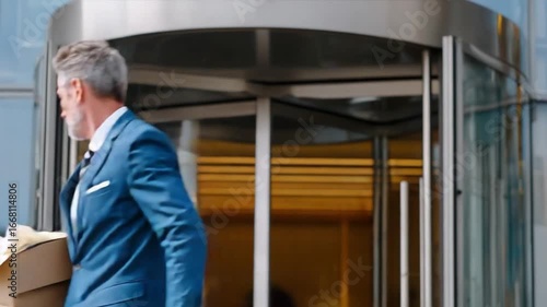 Wallpaper Mural Business Commute: A suited professional enters through a revolving glass door, portraying the essence of a modern office building's design. Torontodigital.ca