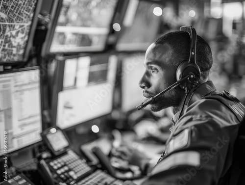 Black and white portrait of a focused African American emergency dispatcher in a high-tech control room. He monitors multiple screens, coordinating a response for public safety.