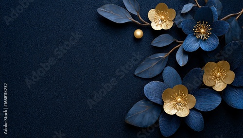 Elegant dark blue floral arrangement with gold accents