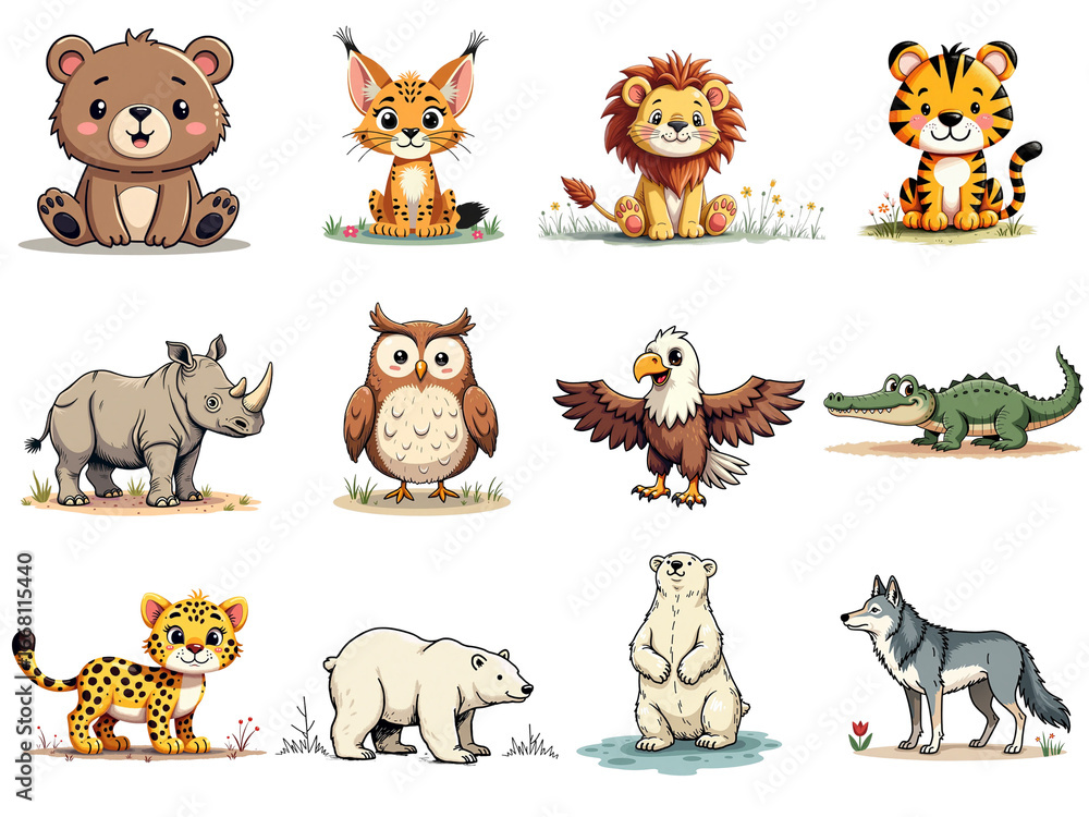 Obraz premium Cute cartoon wild animals with adorable expressions on a bright and cheerful isolated background