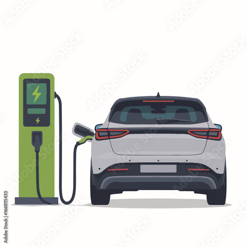 Rear view of a white electric car charging at a green charging station with a charging cable plugged in