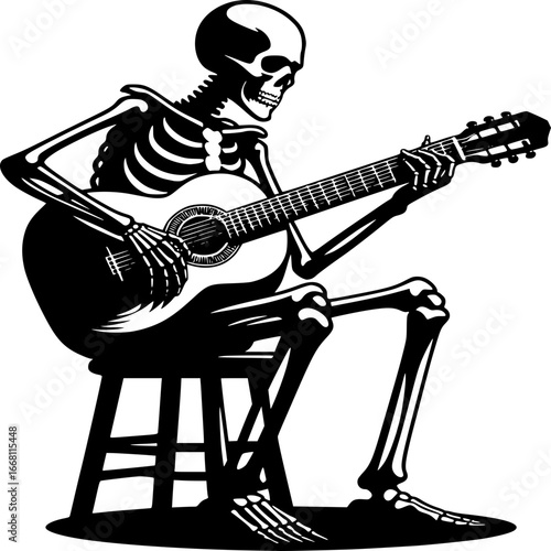 Skeleton Playing Guitar:  A detailed black and white illustration portrays a skeleton serenely strumming a guitar, blending the themes of music and mortality. Capturing a unique juxtaposition.