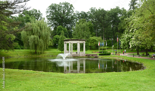 World War Memorial Pavillion on banks of Pond in Congress Park, Saratoga Springs, New York, United States