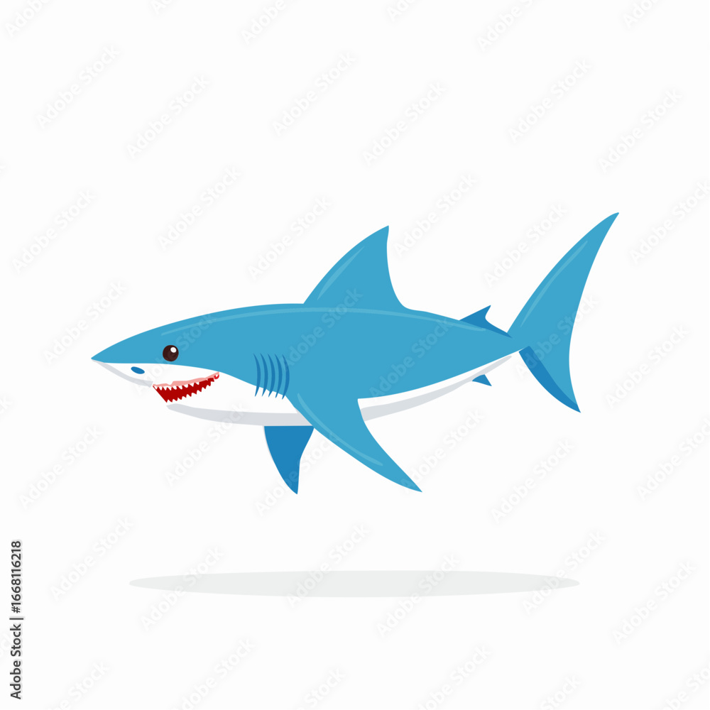 Fototapeta premium Friendly cartoon shark with sharp teeth and blue fins swimming isolated on white
