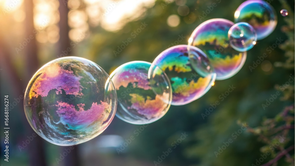 Rainbow soap bubbles floating in the air during golden hour Rainbow soap bubbles floating in the air during golden hour