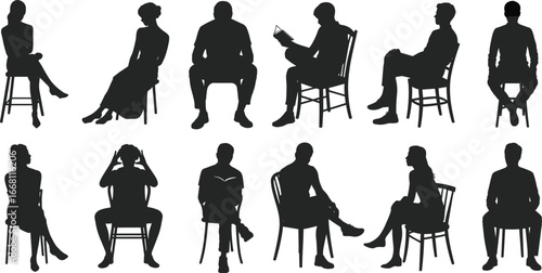 Silhouettes of men and women sitting on chairs in different postures, reading books, thinking, relaxing, casual seated positions for lifestyle and communication concept.