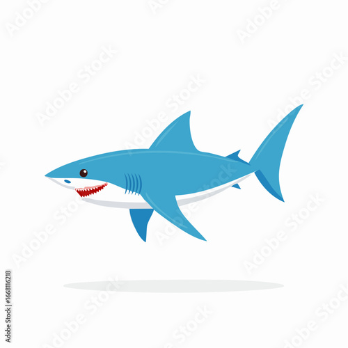 Friendly cartoon shark with sharp teeth and blue fins swimming isolated on white