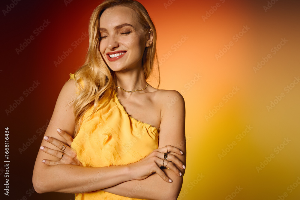 Fototapeta premium A young woman exudes confidence in fashionable attire, radiating joy against a vibrant backdrop