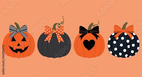 Halloween pumpkins with bows cute spooky season fall decorations autumn holiday october festivity art
