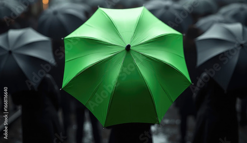 Green umbrella stand out from the crowd of many black umbrellas - being different concept 