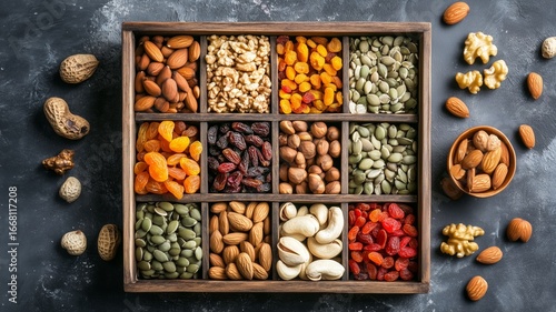 Various nuts and dried fruits arranged in a decorative wooden tray on a dark surface