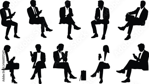 Silhouettes of business people sitting with smartphones, modern office workers, communication, technology use, corporate lifestyle concept, professional digital work routine.